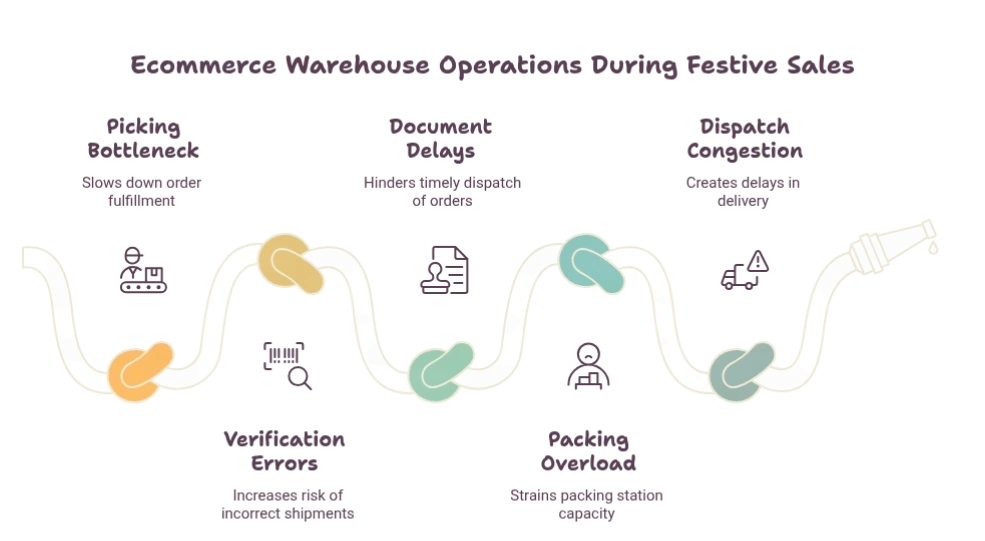 Sale order explosion and seller operations during festive ecommerce sales: picking, verification, invoices, packing and dispatch under high order volume
